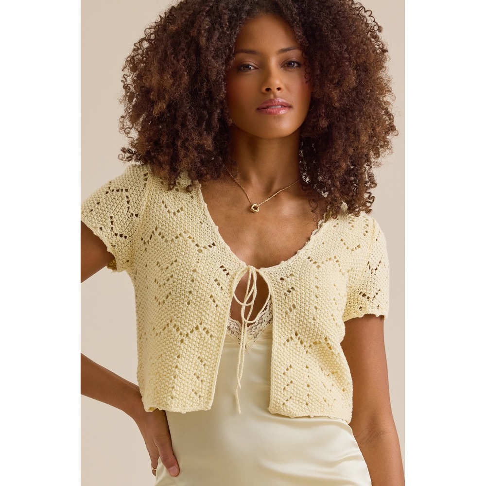 Altar'd State Pointelle Knit Tie Front Cardigan Butter Yellow Size 3XL